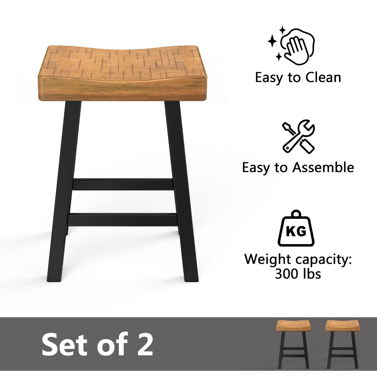 Set of 2 Farmhouse Solid Wood Bar Stools - Backless Saddle Seat Counter Height Chairs for Kitchen Island, Breakfast Nook & Home Office