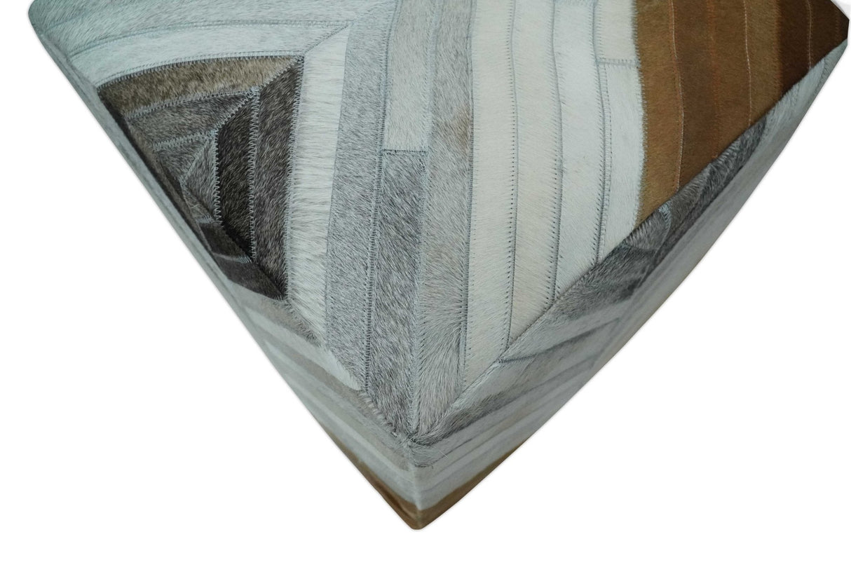 Shades of Gray and Brown Modern Stripes Design Genuine Leather Pouf