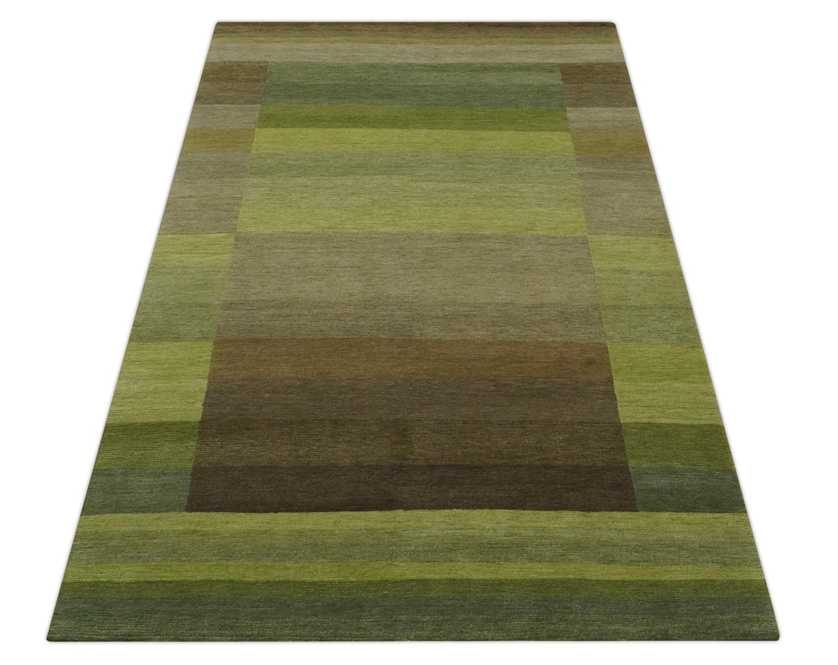 Shades of Green Modern Geometrical Stripes Design Hand loom 5x8 wool Area rug