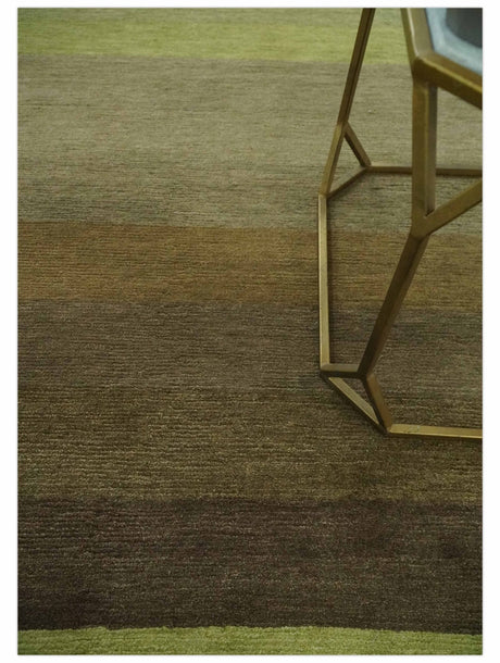 Shades of Green Modern Geometrical Stripes Design Hand loom 5x8 wool Area rug