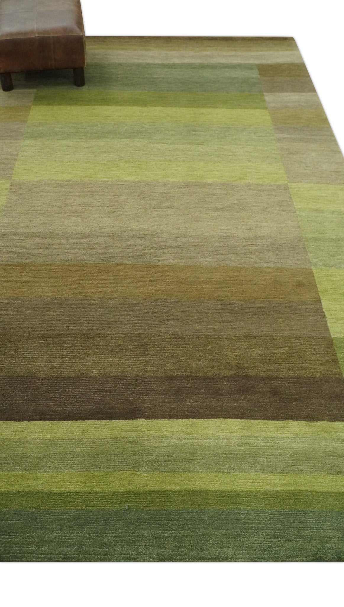 Shades of Green Modern Geometrical Stripes Design Hand loom 5x8 wool Area rug