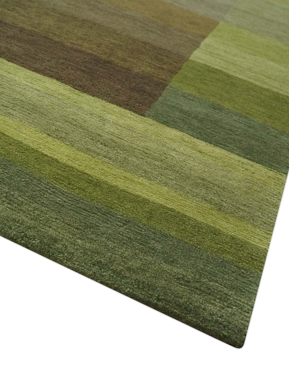 Shades of Green Modern Geometrical Stripes Design Hand loom 5x8 wool Area rug