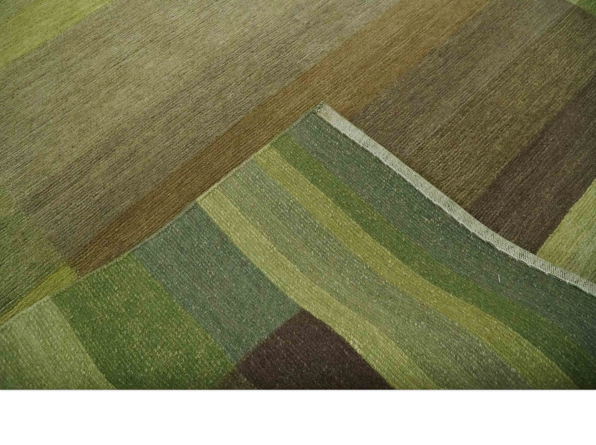 Shades of Green Modern Geometrical Stripes Design Hand loom 5x8 wool Area rug