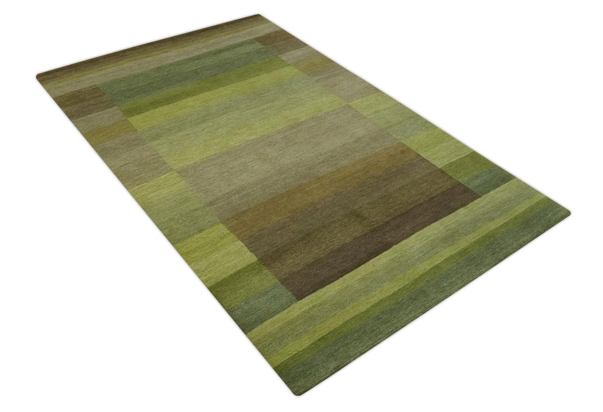 Shades of Green Modern Geometrical Stripes Design Hand loom 5x8 wool Area rug