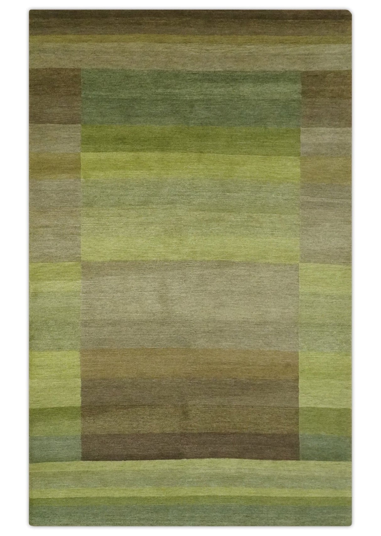 Shades of Green Modern Geometrical Stripes Design Hand loom 5x8 wool Area rug