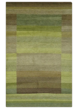 Shades of Green Modern Geometrical Stripes Design Hand loom 5x8 wool Area rug