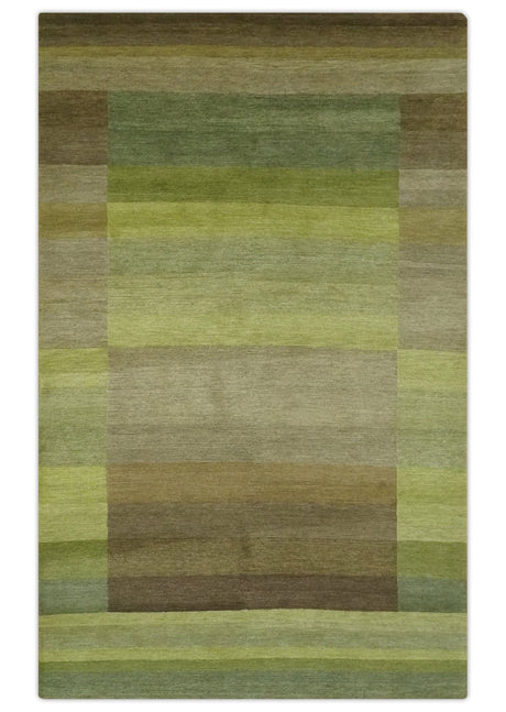 Shades of Green Modern Geometrical Stripes Design Hand loom 5x8 wool Area rug