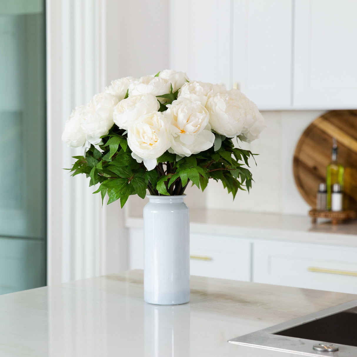 Signature Collection 20” Peony Artificial Arrangement in White Glass Vase