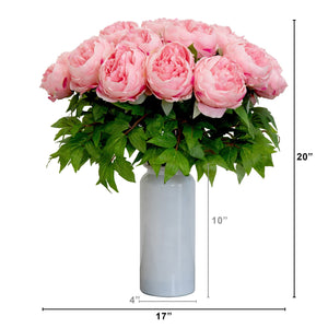 Signature Collection 20” Peony Artificial Arrangement in White Glass Vase