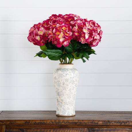 Signature Collection 30” Artificial Hydrangea Arrangement in Ceramic Floral Printed Vase