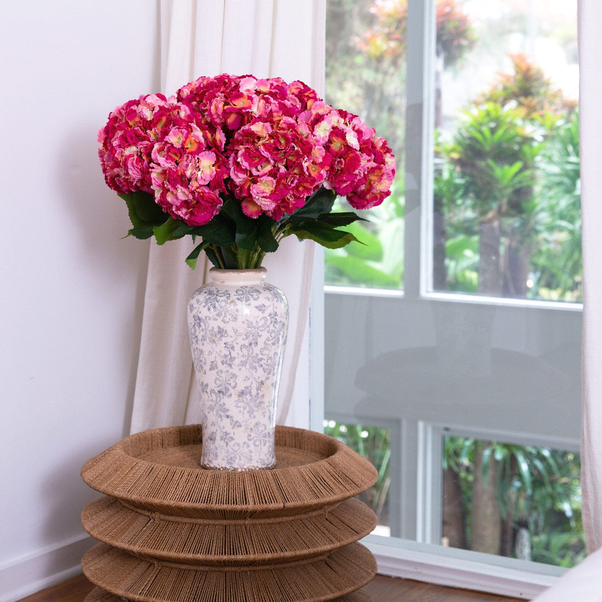 Signature Collection 30” Artificial Hydrangea Arrangement in Ceramic Floral Printed Vase