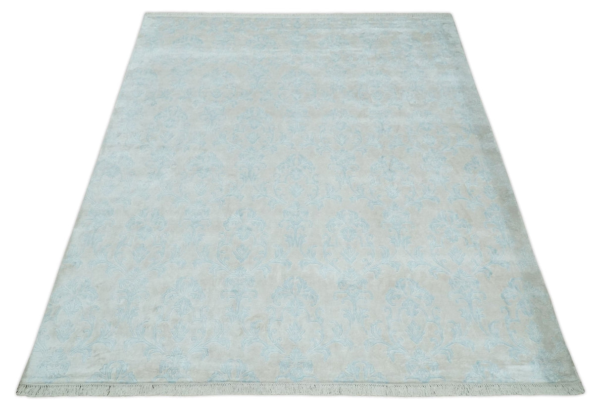 Silky 8x10 Silver and Aqua Handmade Floral Design Art Silk Area Rug