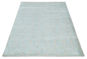 Silky 8x10 Silver and Aqua Handmade Floral Design Art Silk Area Rug