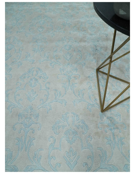 Silky 8x10 Silver and Aqua Handmade Floral Design Art Silk Area Rug