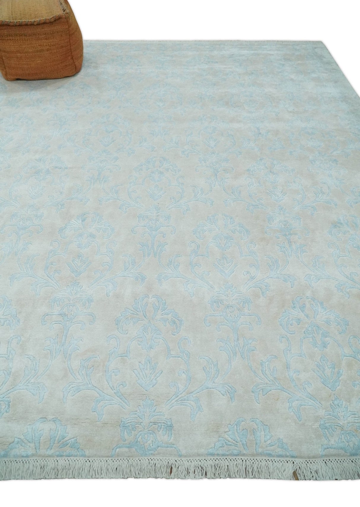 Silky 8x10 Silver and Aqua Handmade Floral Design Art Silk Area Rug