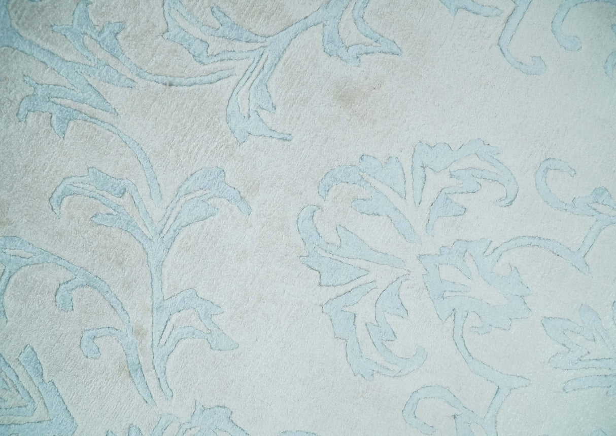 Silky 8x10 Silver and Aqua Handmade Floral Design Art Silk Area Rug