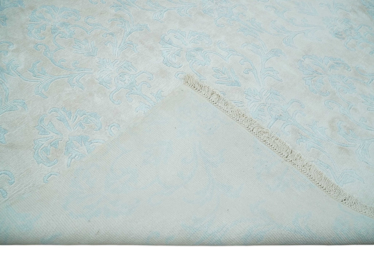 Silky 8x10 Silver and Aqua Handmade Floral Design Art Silk Area Rug