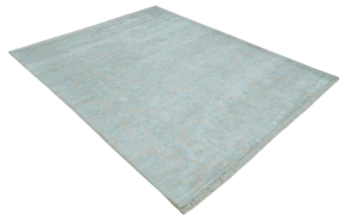 Silky 8x10 Silver and Aqua Handmade Floral Design Art Silk Area Rug