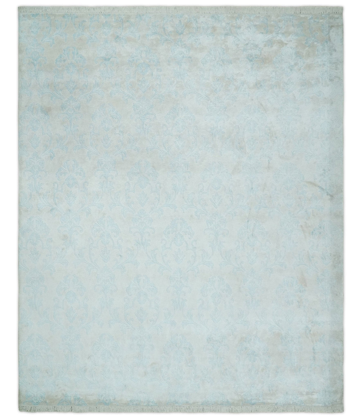 Silky 8x10 Silver and Aqua Handmade Floral Design Art Silk Area Rug