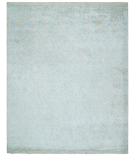 Silky 8x10 Silver and Aqua Handmade Floral Design Art Silk Area Rug