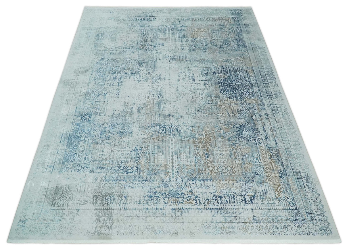 Silver, Blue and Olive Antique Finish, Vintage look, Art Silk Area Rug, Living Room Rug | TRDMM3