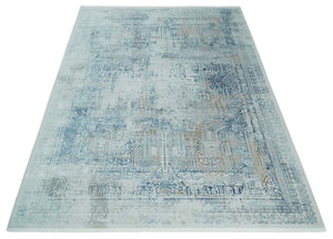 Silver, Blue and Olive Antique Finish, Vintage look, Art Silk Area Rug, Living Room Rug | TRDMM3