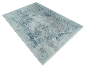 Silver, Blue and Olive Antique Finish, Vintage look, Art Silk Area Rug, Living Room Rug | TRDMM3