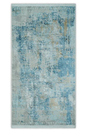 Silver, Blue and Olive Antique Finish, Vintage look, Art Silk Area Rug, Living Room Rug | TRDMM3