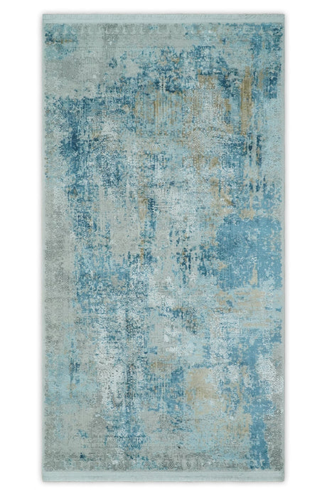 Silver, Blue and Olive Antique Finish, Vintage look, Art Silk Area Rug, Living Room Rug | TRDMM3