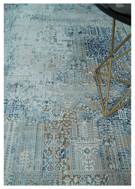 Silver, Blue and Olive Antique Finish, Vintage look, Art Silk Area Rug, Living Room Rug | TRDMM3