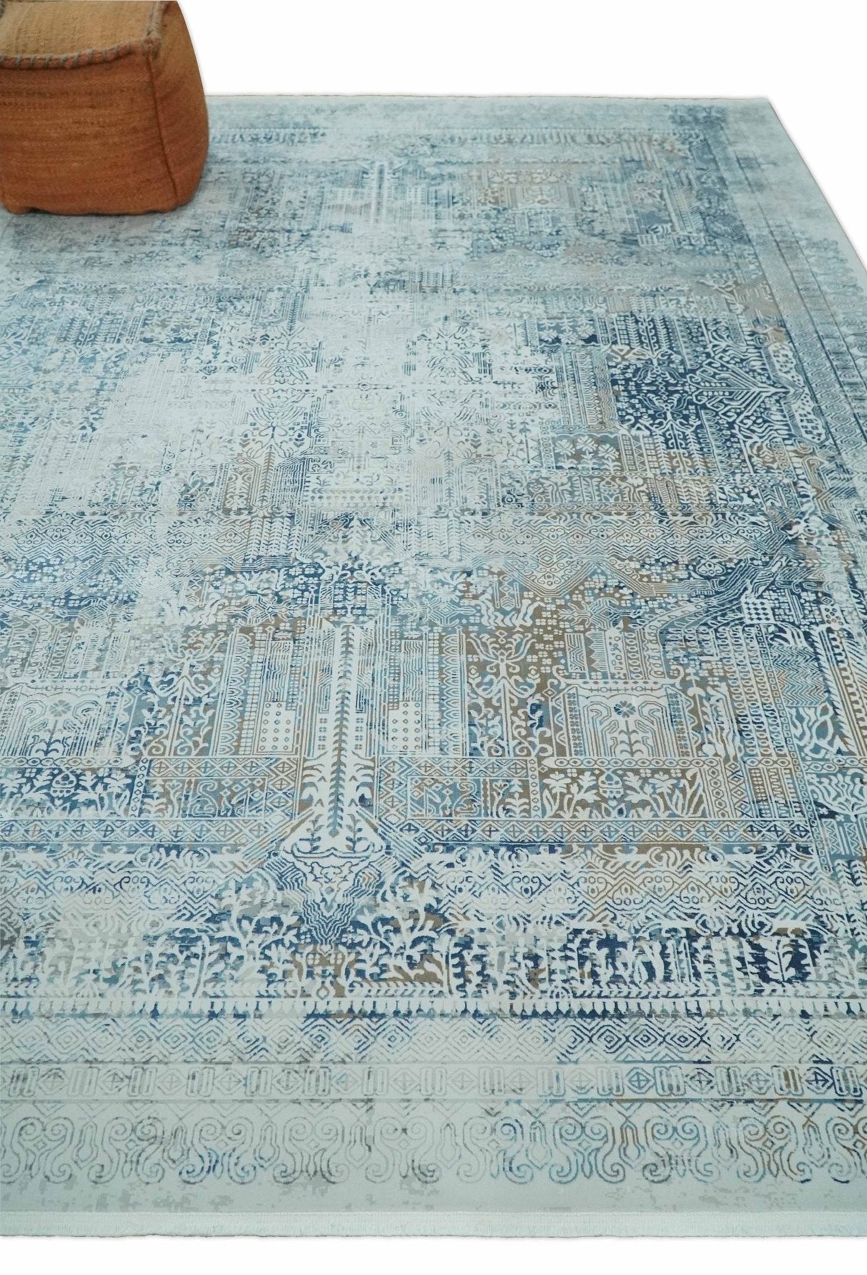 Silver, Blue and Olive Antique Finish, Vintage look, Art Silk Area Rug, Living Room Rug | TRDMM3