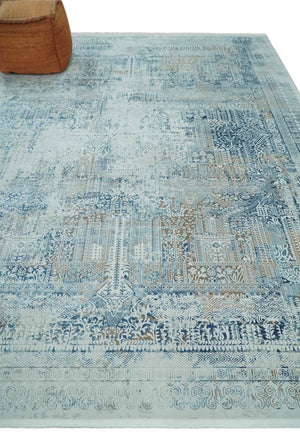 Silver, Blue and Olive Antique Finish, Vintage look, Art Silk Area Rug, Living Room Rug | TRDMM3