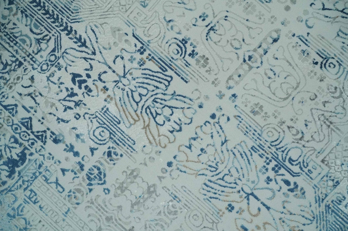 Silver, Blue and Olive Antique Finish, Vintage look, Art Silk Area Rug, Living Room Rug | TRDMM3