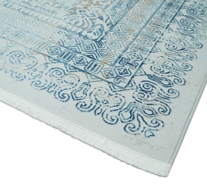 Silver, Blue and Olive Antique Finish, Vintage look, Art Silk Area Rug, Living Room Rug | TRDMM3
