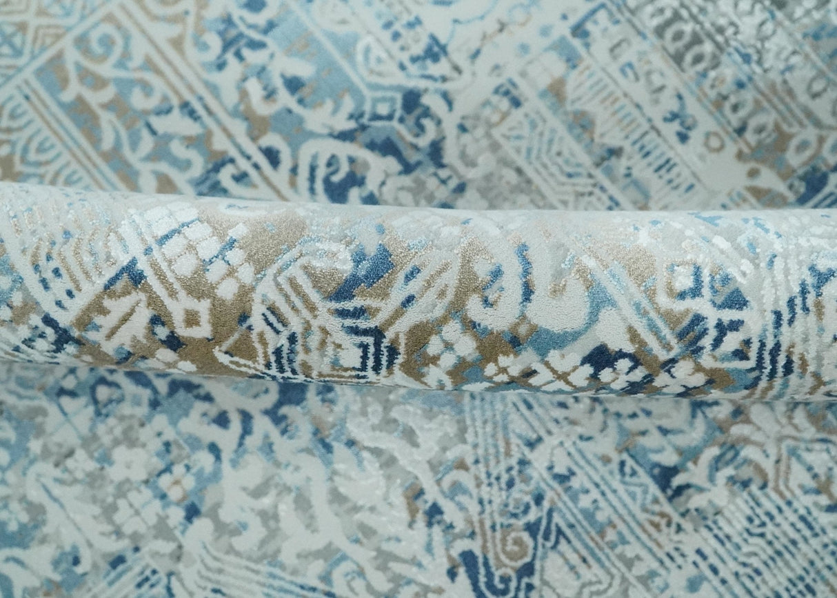 Silver, Blue and Olive Antique Finish, Vintage look, Art Silk Area Rug, Living Room Rug | TRDMM3