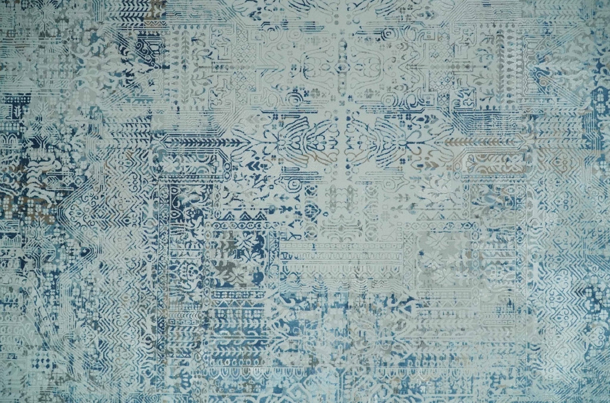Silver, Blue and Olive Antique Finish, Vintage look, Art Silk Area Rug, Living Room Rug | TRDMM3