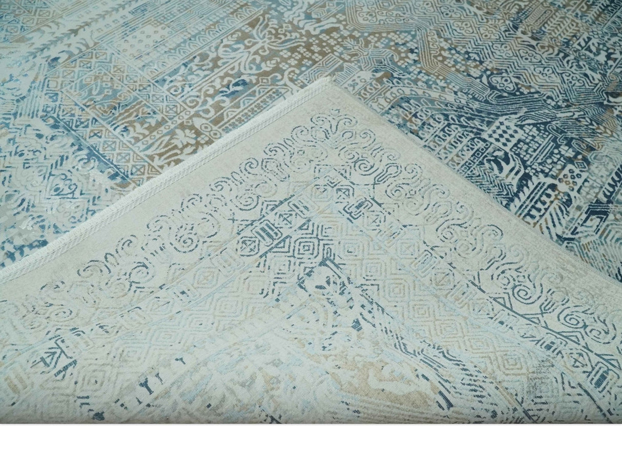 Silver, Blue and Olive Antique Finish, Vintage look, Art Silk Area Rug, Living Room Rug | TRDMM3