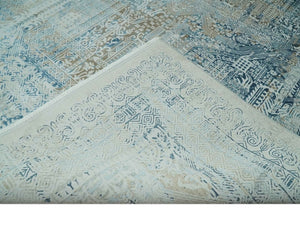 Silver, Blue and Olive Antique Finish, Vintage look, Art Silk Area Rug, Living Room Rug | TRDMM3