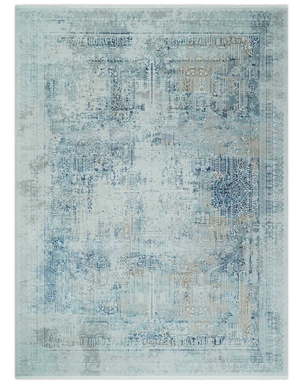 Silver, Blue and Olive Antique Finish, Vintage look, Art Silk Area Rug, Living Room Rug | TRDMM3