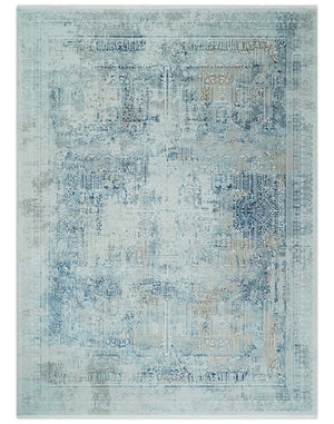 Silver, Blue and Olive Antique Finish, Vintage look, Art Silk Area Rug, Living Room Rug | TRDMM3