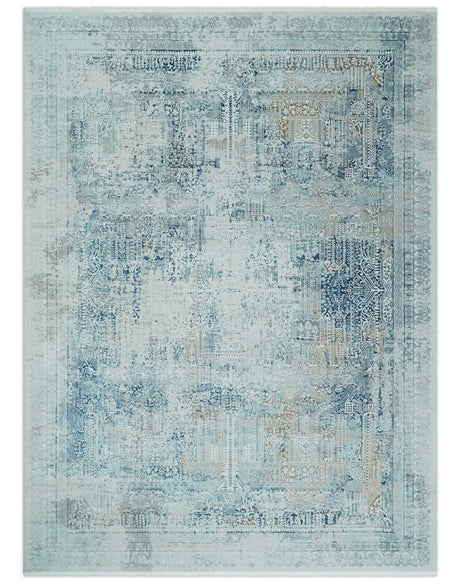 Silver, Blue and Olive Antique Finish, Vintage look, Art Silk Area Rug, Living Room Rug | TRDMM3