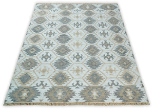 Silver, Brown and Gray Kilim Rug made with Fine wool and Viscose | SE4