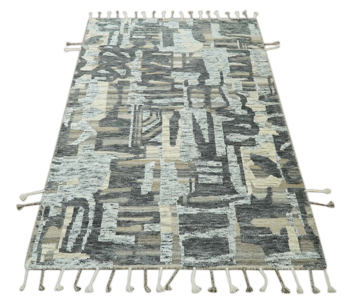 Silver, Charcoal, Beige and Tan Modern abstract Carved Texture 5x8 Hand Knotted Wool Area Rug