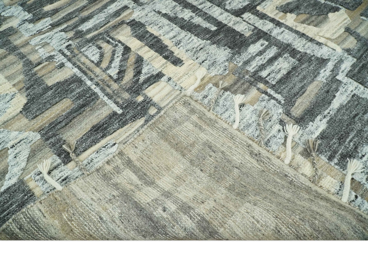 Silver, Charcoal, Beige and Tan Modern abstract Carved Texture 5x8 Hand Knotted Wool Area Rug