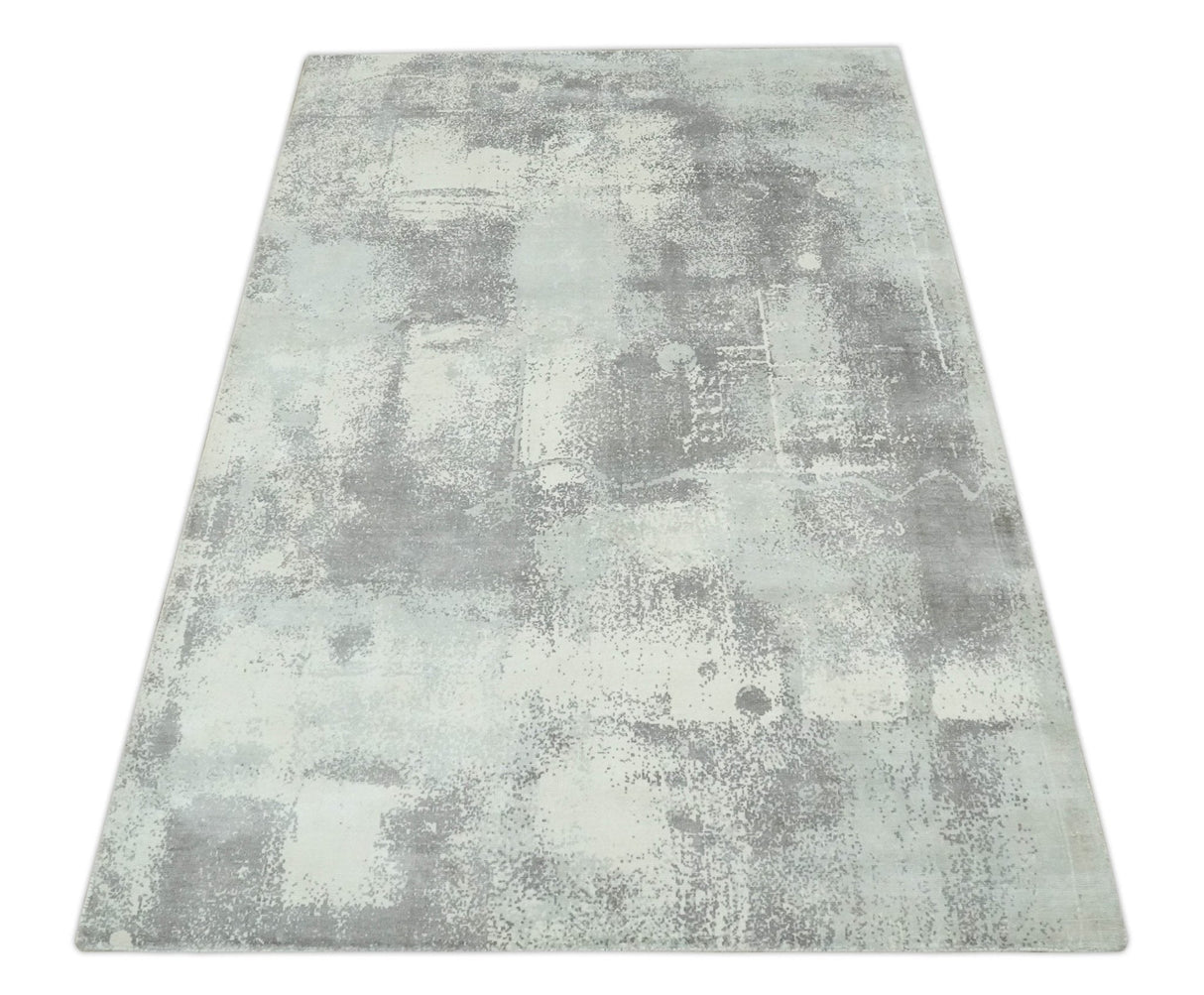 Silver, Charcoal and Ivory Modern Abstract 5x8 Hand loom viscose Area Rug