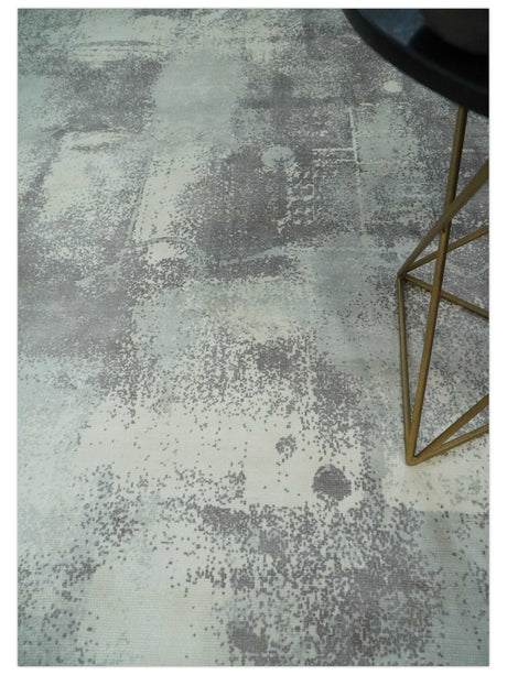 Silver, Charcoal and Ivory Modern Abstract 5x8 Hand loom viscose Area Rug