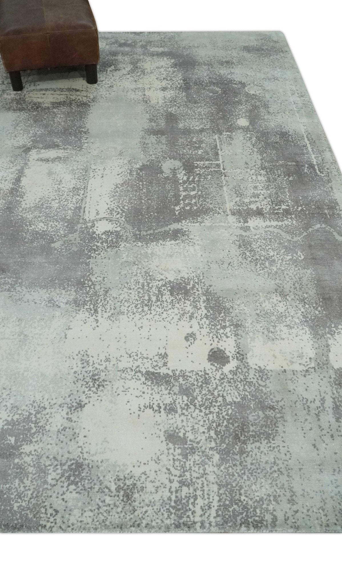 Silver, Charcoal and Ivory Modern Abstract 5x8 Hand loom viscose Area Rug