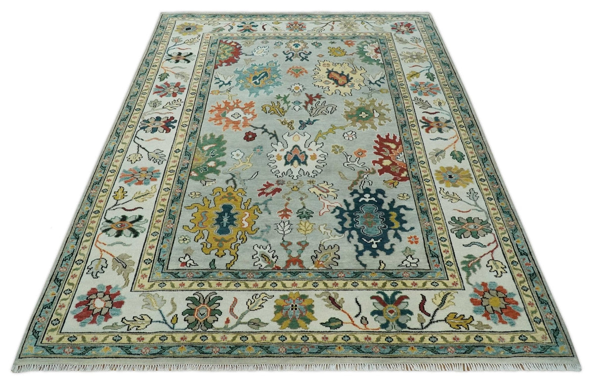 Silver, Ivory and Beige vibrant Colorful Hand knotted 8x10 and 9x12 Traditional Oushak wool Rug