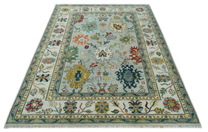 Silver, Ivory and Beige vibrant Colorful Hand knotted 8x10 and 9x12 Traditional Oushak wool Rug