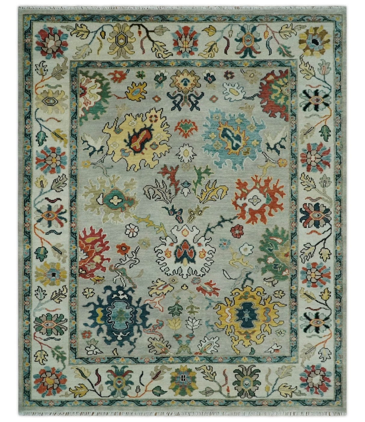 Silver, Ivory and Beige vibrant Colorful Hand knotted 8x10 and 9x12 Traditional Oushak wool Rug
